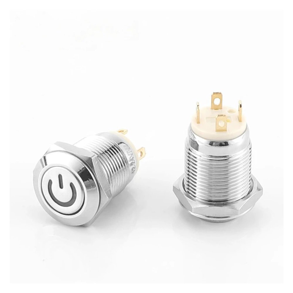 MCQWOMFQAK 1PCS 12 mm Metal Push Button Switch, Self-Resetting, Torsion Car Power Switch, Small Round Horn Button, 3V/6V/12V/24V, xiaguolingsm (White, Round Symbol, Reset—High Head, 12V–24V)