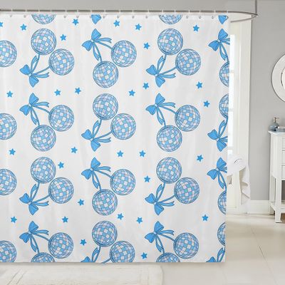 Loussiesd Girls' Blue Bowknot Disco Ball Shower Curtain, 180 x 200 cm