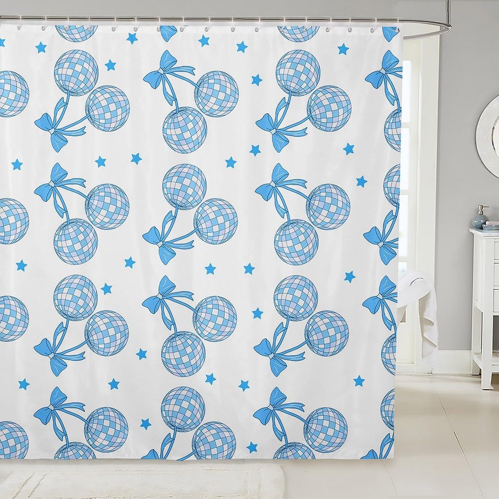 Loussiesd Girls' Blue Bowknot Disco Ball Shower Curtain, 180 x 200 cm