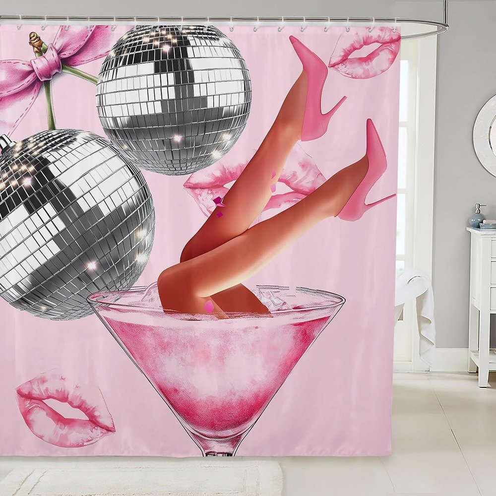 Pink Western Cowgirls Shower Curtain, 180 x 200 cm, Disco Ball Print