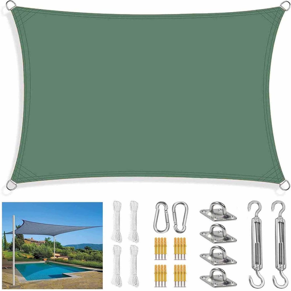 Rectangular/Square Outdoor Canopy with Mounting Kit and Guy Ropes, UV-Resistant Sun Shade, Dark Green, 6 x 8 m