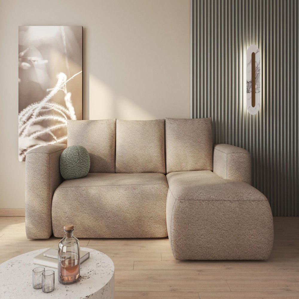 Lambi Beige L-Shaped Corner Sofa Bed, Right, 266 x 89 x 164 cm, Bouclé 06