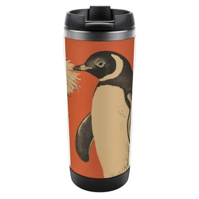 Vacuum-Insulated Stainless Steel Travel Mug with Floral and Penguin Design