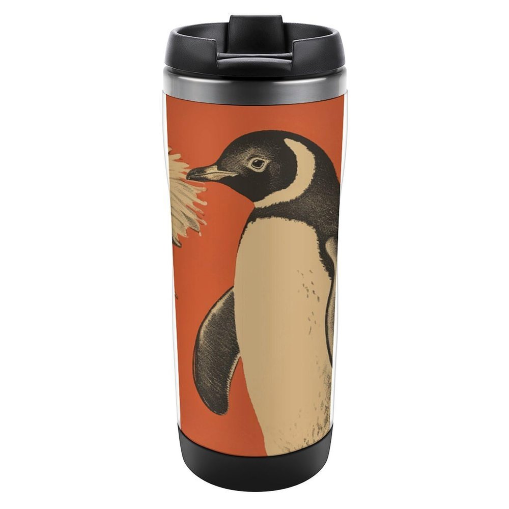 Vacuum-Insulated Stainless Steel Travel Mug with Floral and Penguin Design