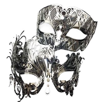 QAZWZG 2-Piece Metal Filigree Venetian Masquerade Mask Set, Silver/Clear Diamond