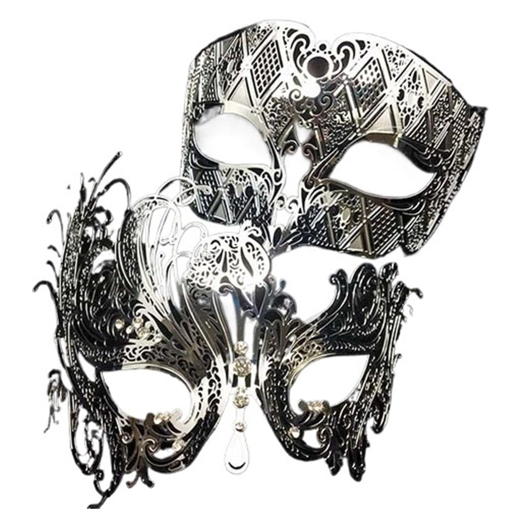 QAZWZG 2-Piece Metal Filigree Venetian Masquerade Mask Set, Silver/Clear Diamond