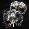 QAZWZG 2-Piece Metal Filigree Venetian Masquerade Mask Set, Silver/Clear Diamond view 4