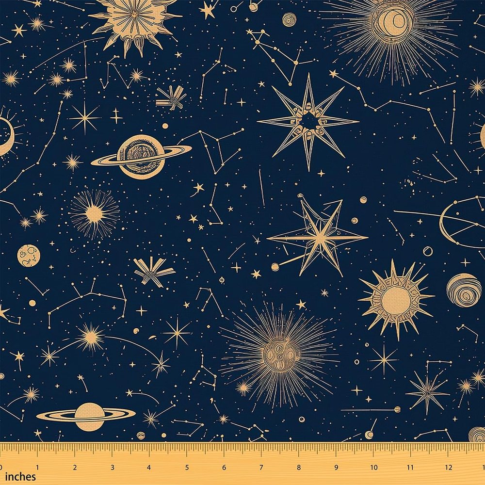 Loussiesd Sun Moon Fabric 460 x 150 cm, Boho Exotic Star Print Waterproof Upholstery Fabric, Acid Blue