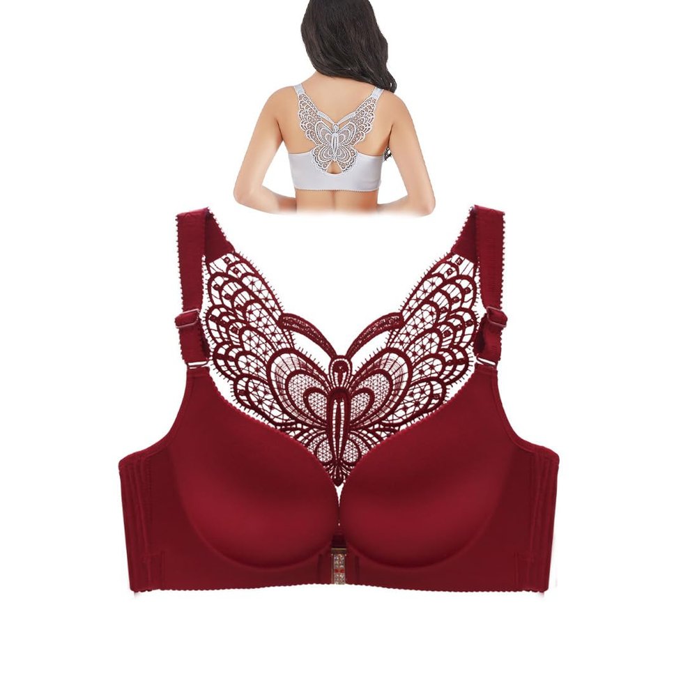 BFDSGWQ Lace Butterfly Comfort Bra with Front Closure, Wireless Push-Up Bra for Women, Sexy Corset Bra, Front-Buckle Bra (40/90D, Wine Red)