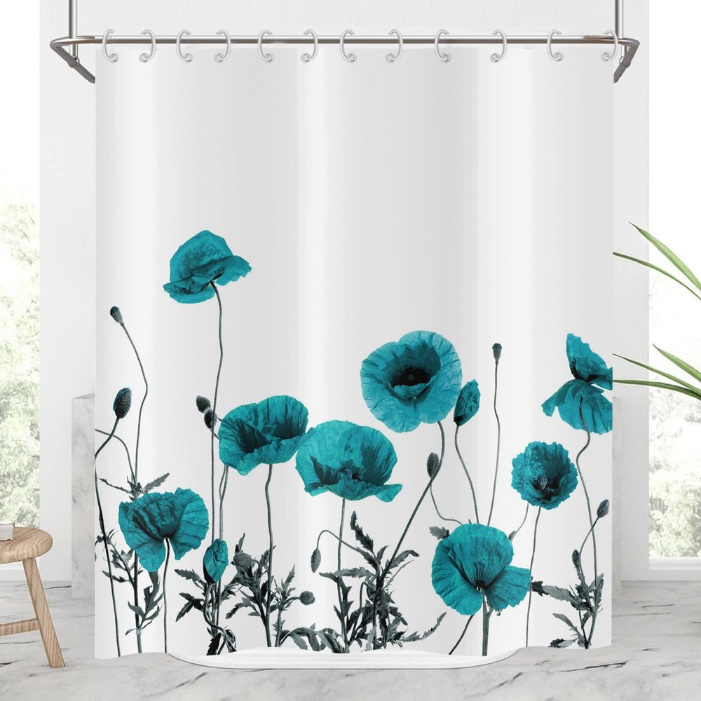 Hnmdmyi Floral Shower Curtain 65 x 71 in, Turquoise Poppy Vintage Botanical Design