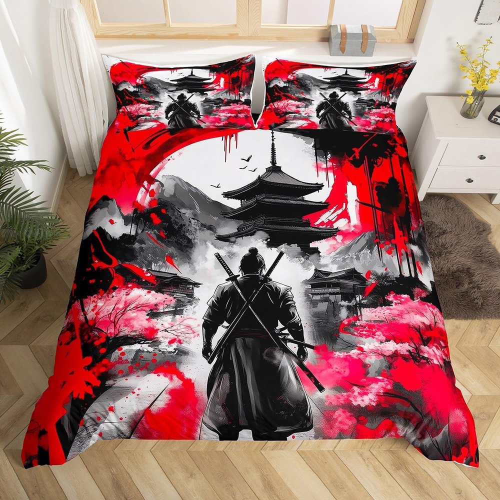 Homewish Samurai Duvet Cover Set, Japanese Ukiyo-e Cherry Blossom Design, 220 x 240 cm