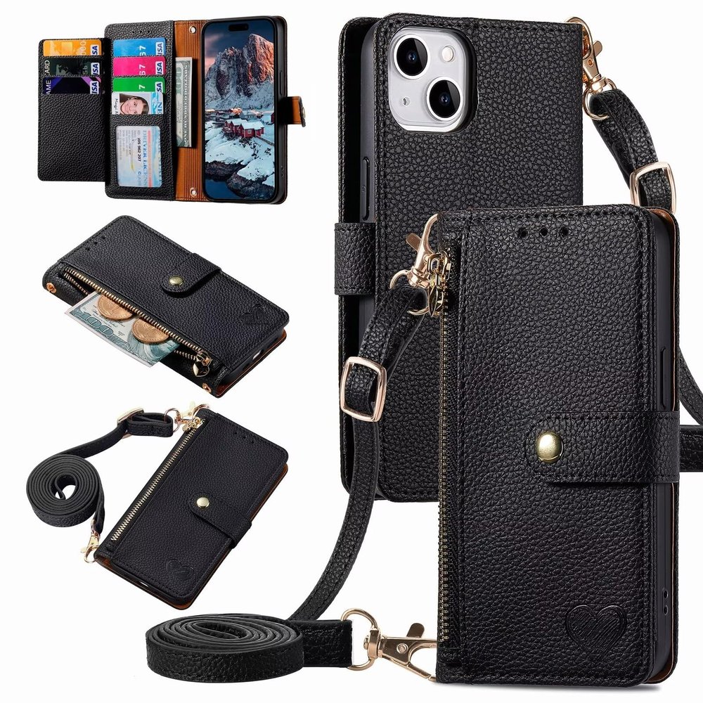 xinyunew Flip Case for Xiaomi Poco F6, Wallet Case with Card Slots and RFID Zipper Pocket, Black
