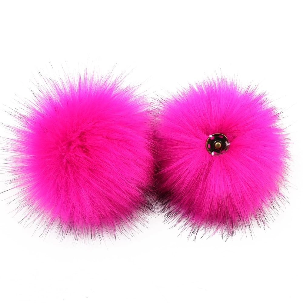 Blausky 10-Pack 15 cm Faux Fur Pom-Poms, Snap-On, Rose Red