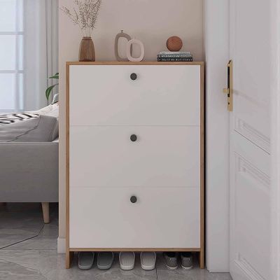 Hidden Solid Wood Shoe Cabinet with Flip-Down Drawers and Adjustable Shelves
