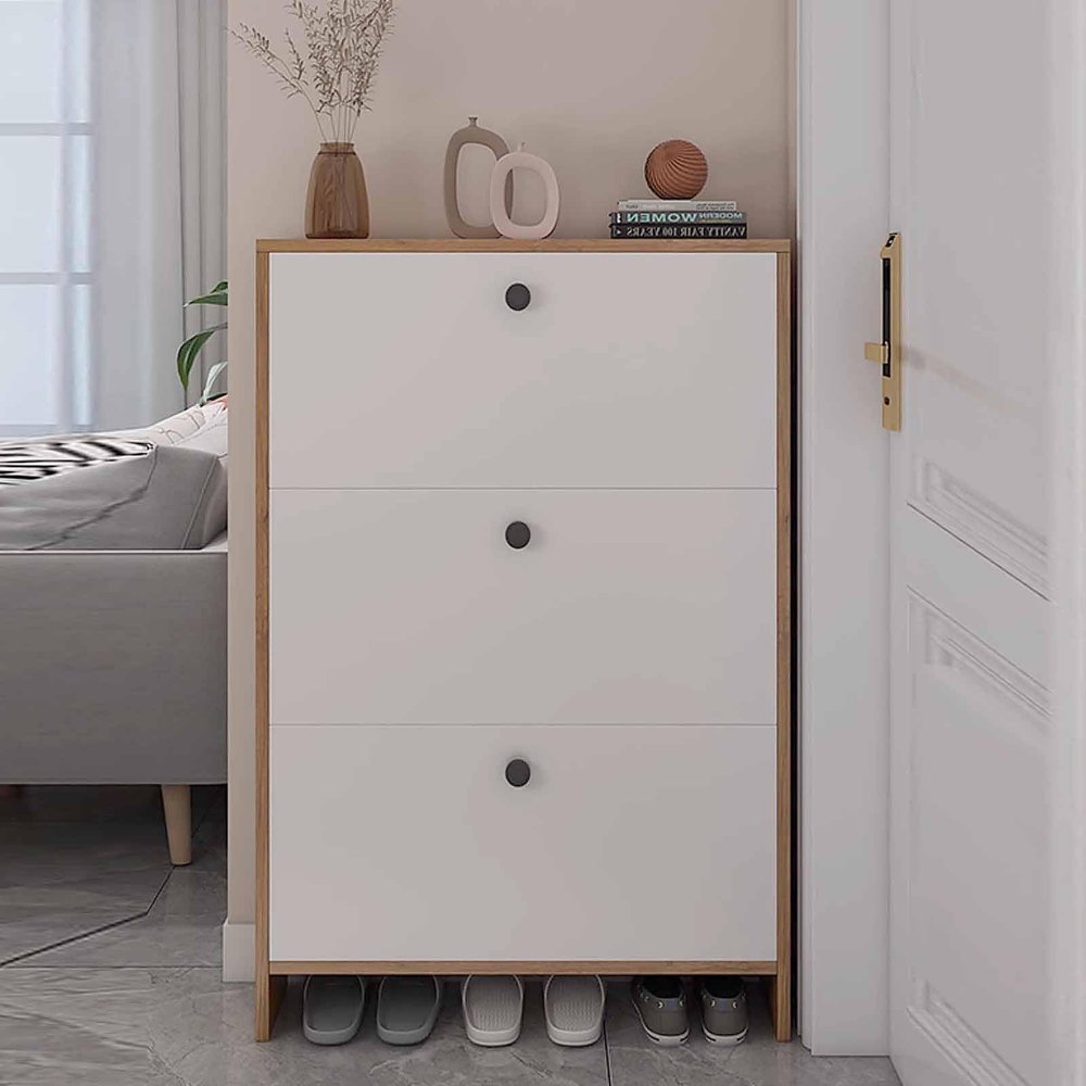 Hidden Solid Wood Shoe Cabinet with Flip-Down Drawers and Adjustable Shelves