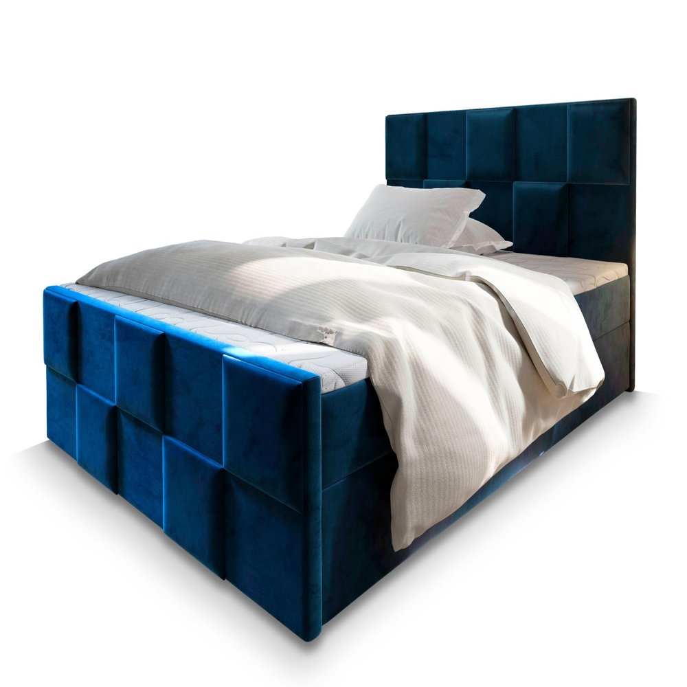 Masseno Mona Box Spring Bed 160x200 cm Complete Set with Mattress and Topper, Upholstered Bed with Two Storage Compartments - Blue, Kronos 09