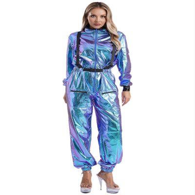 Agoky Women's Astronaut Costume Cosplay Futuristic Metallic Jumpsuit, Silver, Space Suit, Blue, S