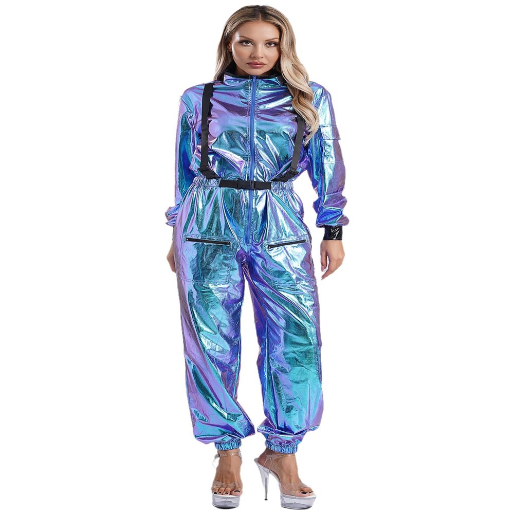 Agoky Women's Astronaut Costume Cosplay Futuristic Metallic Jumpsuit, Silver, Space Suit, Blue, S