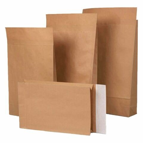 VEPATIM 25 Kraft Paper Gusseted Mailing Envelopes with Self-Adhesive Flap, 300 x 80 x 430 + 50 mm