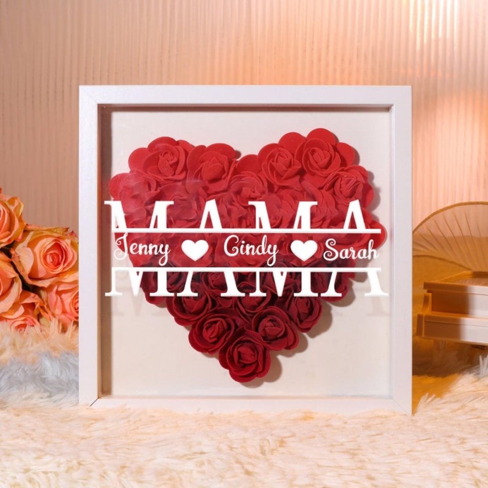 Personalized Shadow Box with Flower Heart for Mom, Roses with Names, Custom Frame, Gift for Mom and Grandma (26.5 x 26.5 x 4 cm)