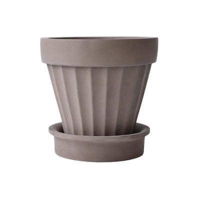 Round Cement Planter with Striped Texture, Drainage Hole and Saucer, Brown