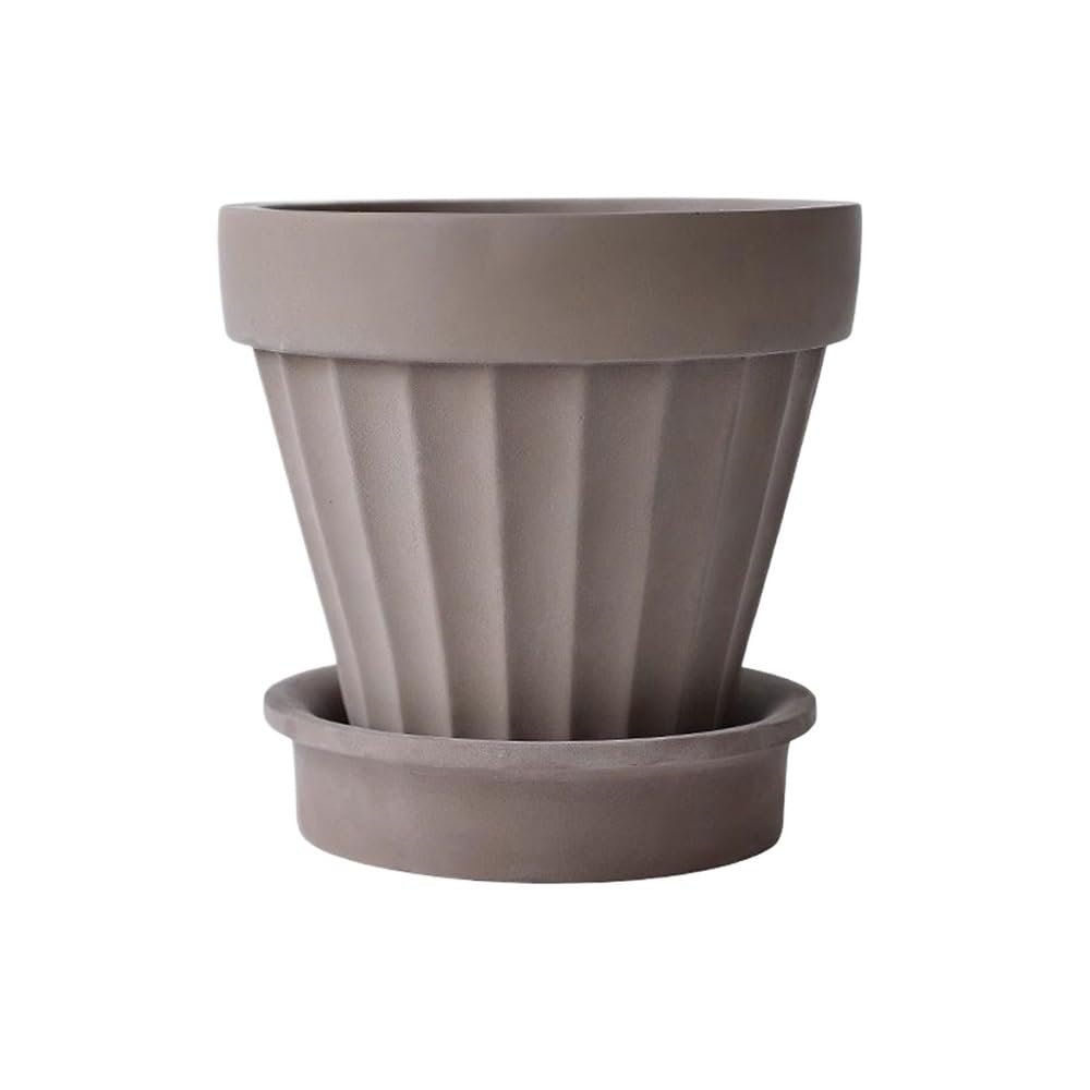 Round Cement Planter with Striped Texture, Drainage Hole and Saucer, Brown