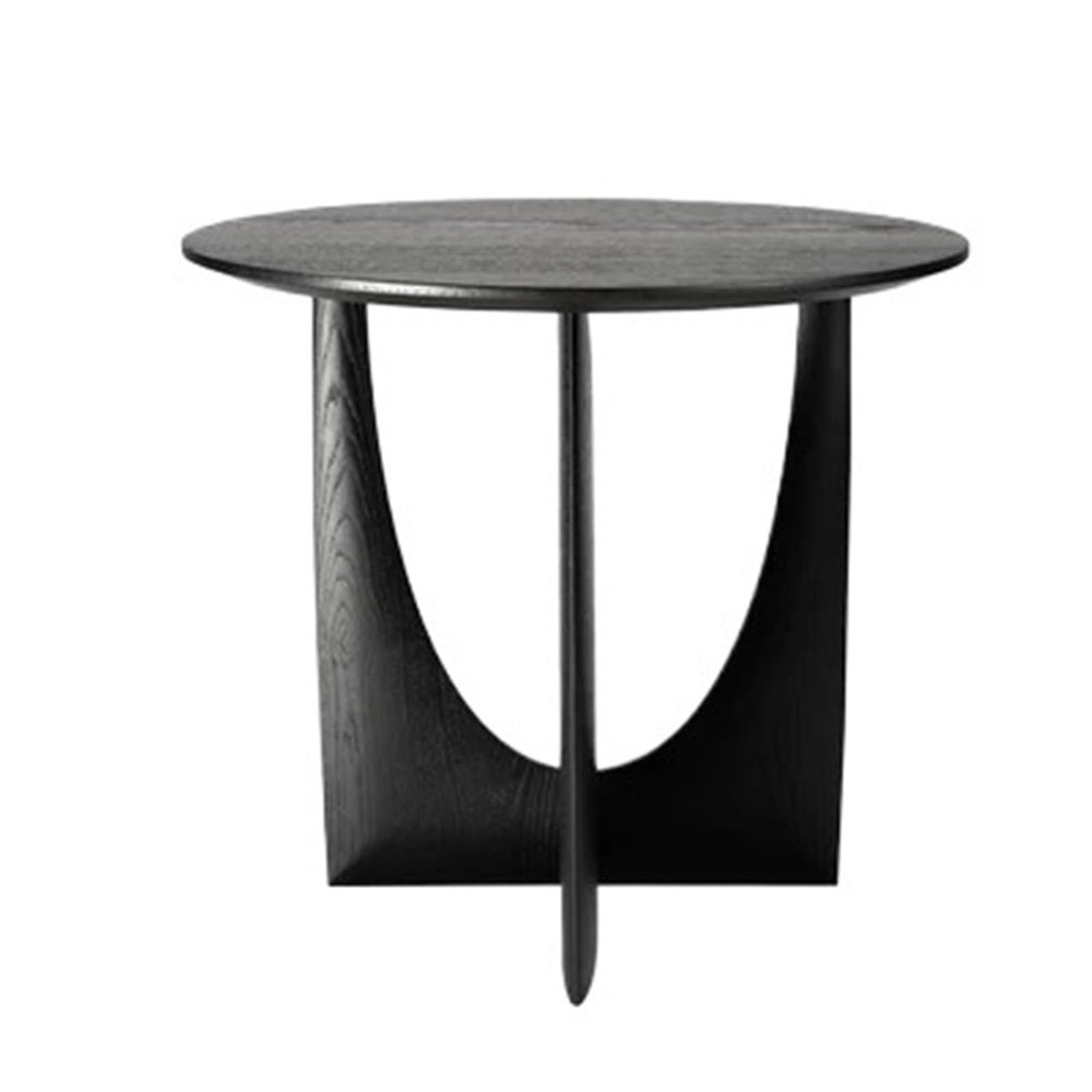 Round Solid Wood Side Table with Geometric Leg Base, Minimalist Retro Design, Black