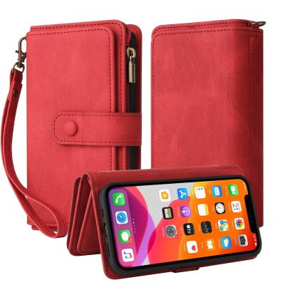 TQmchun Flip Case for Samsung Galaxy A10E/A20E, Red PU Leather Wallet Case with Zipper, Magnetic Closure, 15 Card Slots and Stand