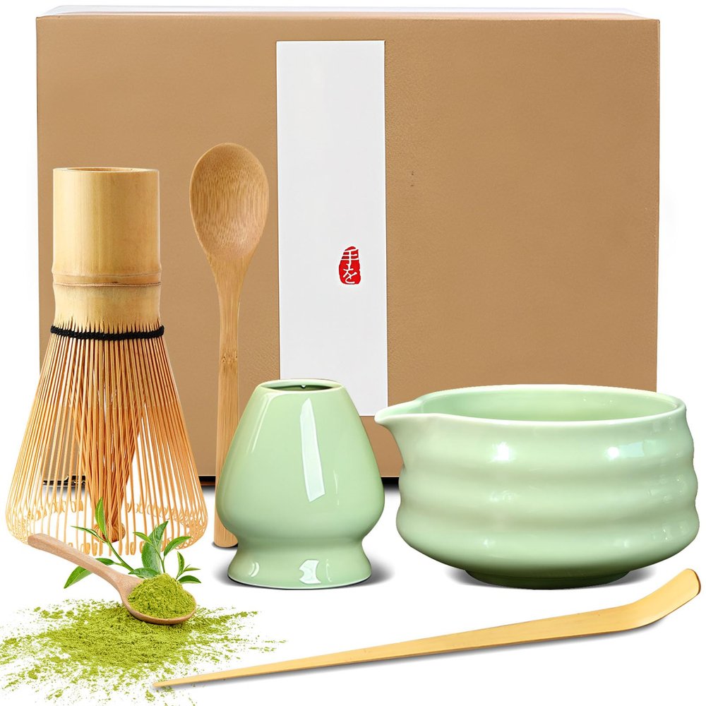 5-Piece Matcha Set with Whisk, Bowl, Spoon and Stick, Cyan