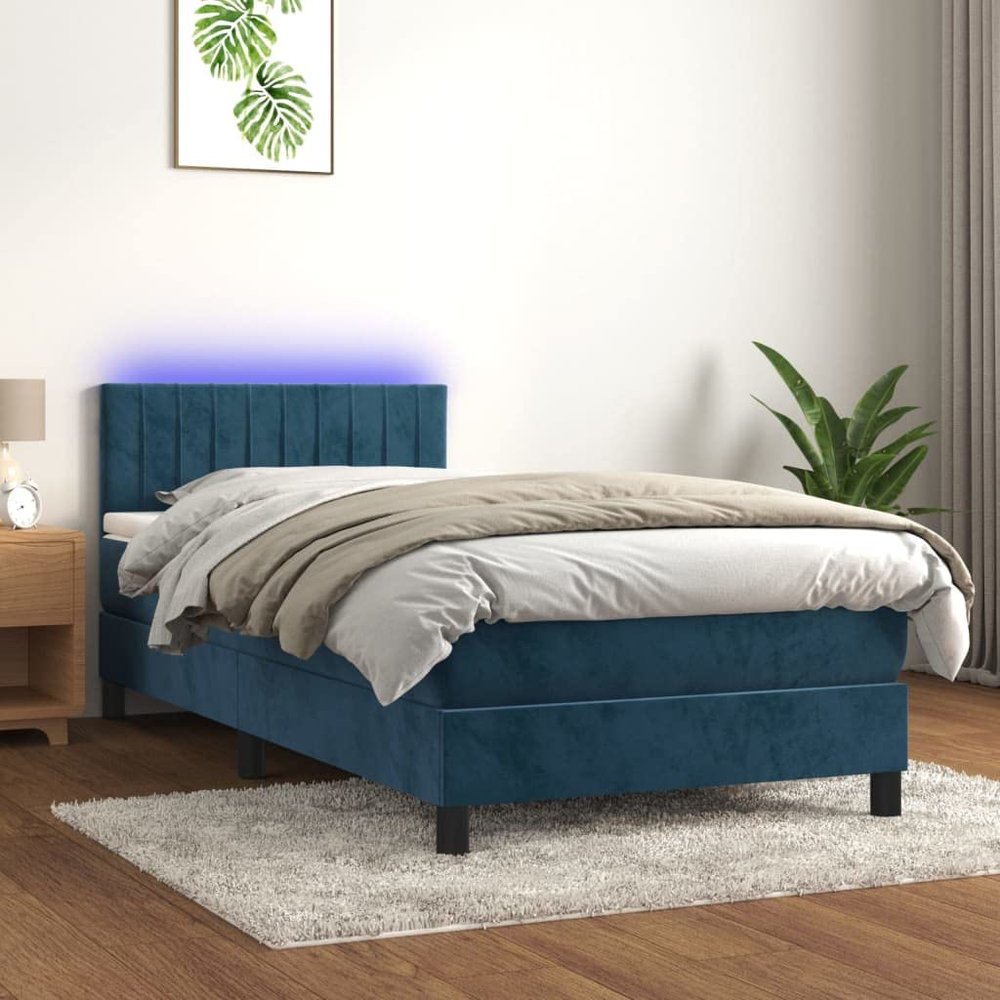 Iiaky Box Spring Bed with Mattress and LED, Storage Compartment, Dark Blue Velvet, 80 x 200 cm // 3134493