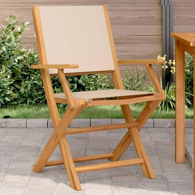 WKIEQACO Outdoor Dining Chairs, 2 Pieces, Beige, Solid Acacia Wood and Fabric