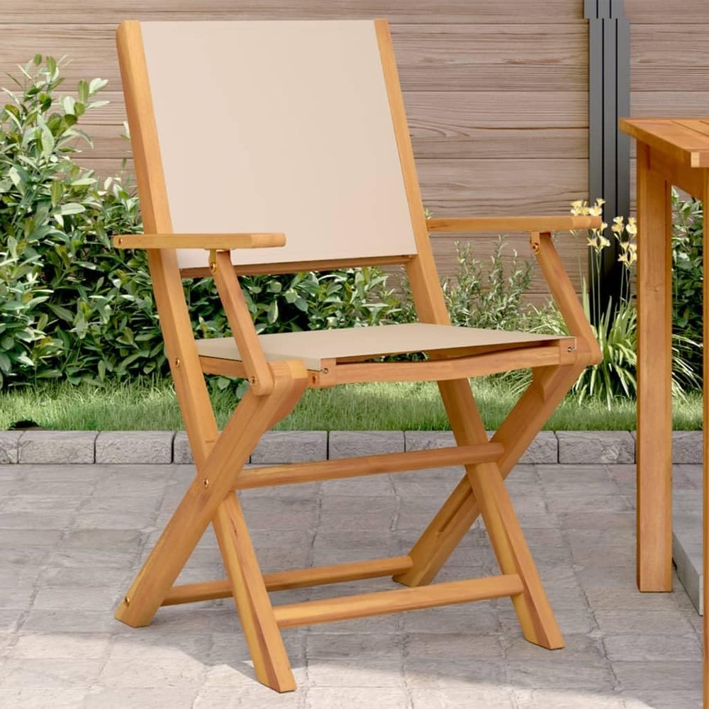 WKIEQACO Outdoor Dining Chairs, 2 Pieces, Beige, Solid Acacia Wood and Fabric