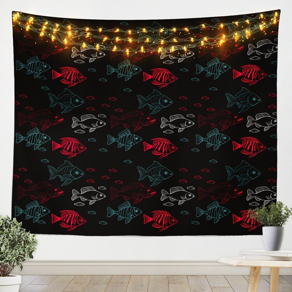 Loussiesd Fish Tapestry, 68 x 90 in, Ocean Life Sardine Wall Hanging