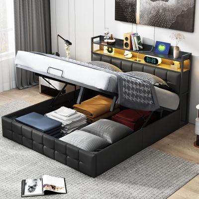 BPKADHY Storage Bed 140 x 200 cm with LED, USB & Type-C, Black PU