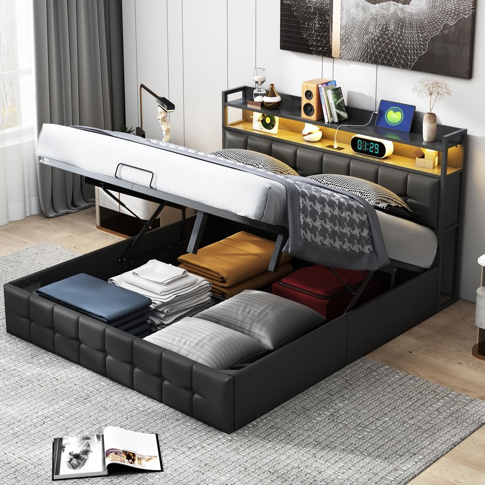 BPKADHY Storage Bed 140 x 200 cm with LED, USB & Type-C, Black PU