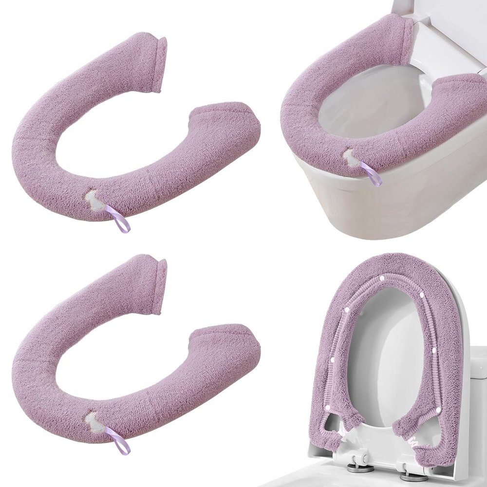 HADEEONG 2-Pack Plush Toilet Seat Covers, Warm Washable Cushions with Snap Buttons, Purple