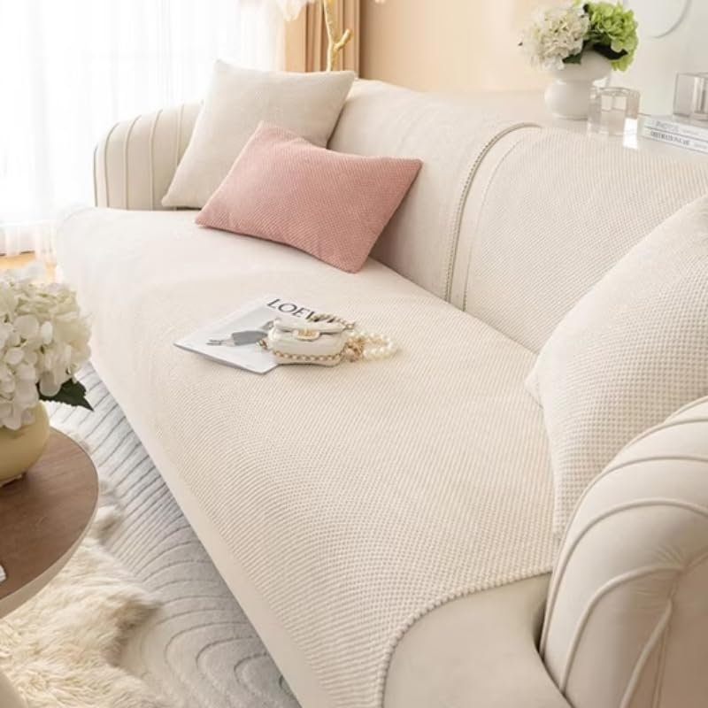 Generic Sofa Cover, Sofa Protector for 2-, 3-, 4-Seater and L-Shaped Sofas, Non-Slip Sofa Cover (White, 110 × 180 cm)