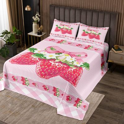Manfei Red Strawberry Bow Bedspread, M Size, Pink Plaid Lace Patchwork Bedding, Kids' Girls' and Teens' Room Decor, Sweet Fruit Princess-Style Bowknot Quilt Coverlet, 1 Pillowcase