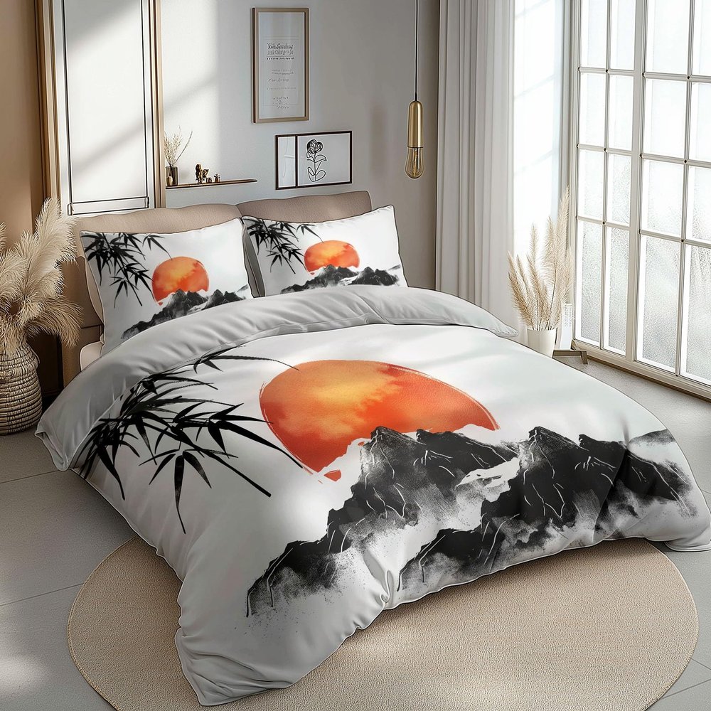 3-Piece Duvet Cover Set 150 x 200 cm, Gray Oriental Ink Painting Pattern