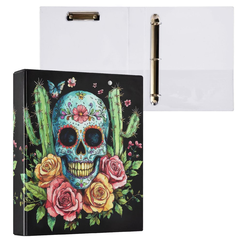 Sugar Skull Roses Cactus Black 3.8 cm Binder with Pockets, 200-Sheet Capacity, Binder for Kids