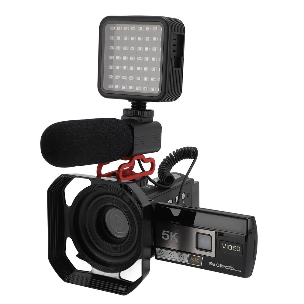 LICAEVEY 5K Camcorder, 56 MP UHD Wi-Fi, 3-Inch Touchscreen, 18x Smart Zoom, Anti-Shake Vlogging Camera with Lens Hood, Light, Handle, Remote, Batteries and Microphone