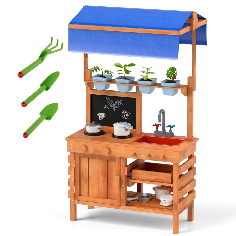 COSTWAY Outdoor Mud Kitchen for Kids with Canopy, Chalkboard, Planters and Gardening Tools