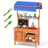 COSTWAY Outdoor Mud Kitchen for Kids with Canopy, Chalkboard, Planters and Gardening Tools view 1