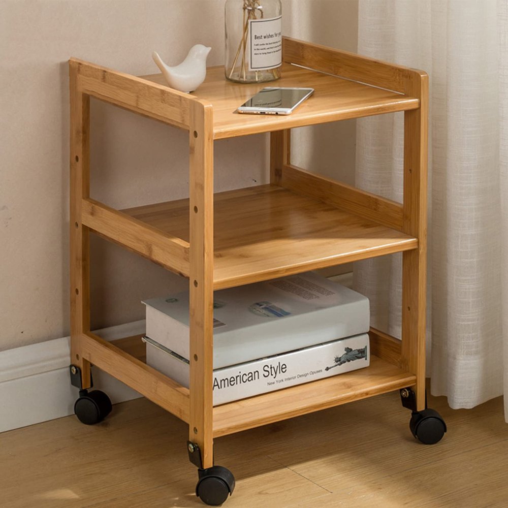 Wooden Tea Cart with 3-Tier Storage and 360° Casters
