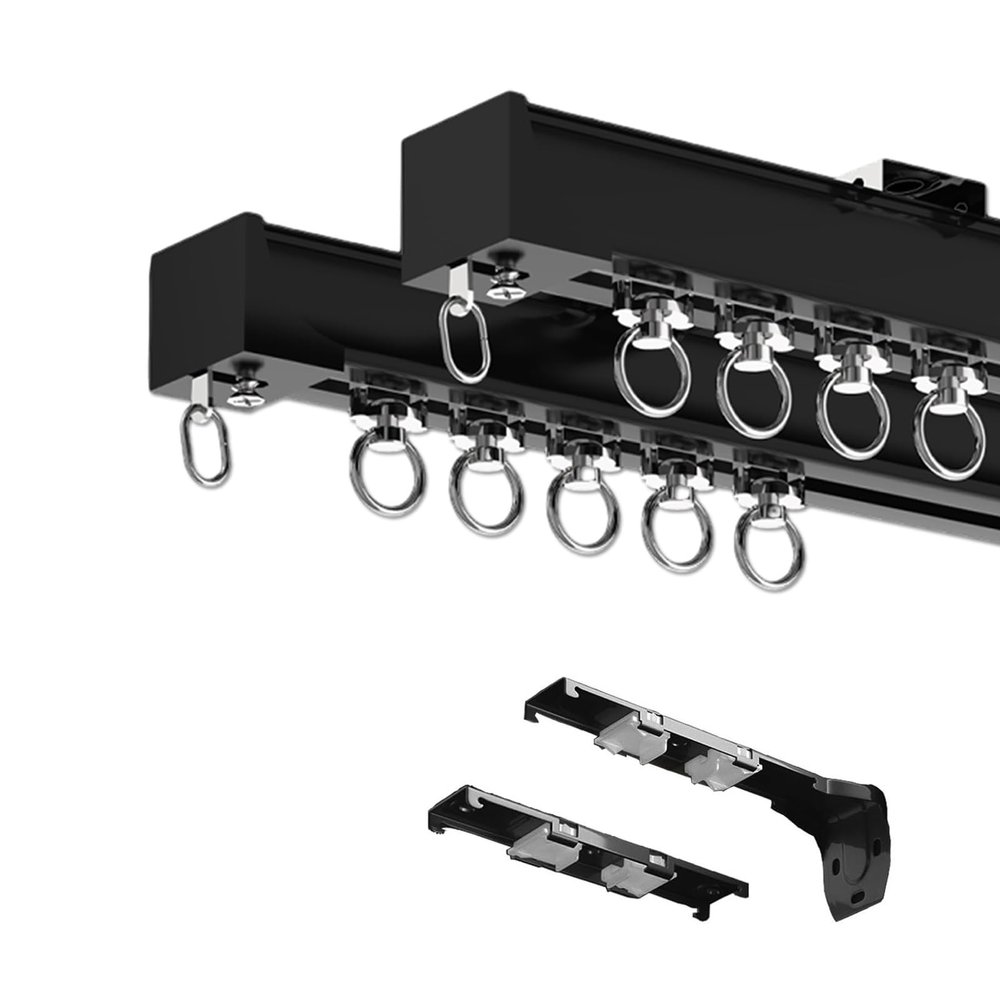 Double Curtain Track Set with Quiet Rollers, 50 x 600 cm, Aluminum Wall-Mount Rails, Black