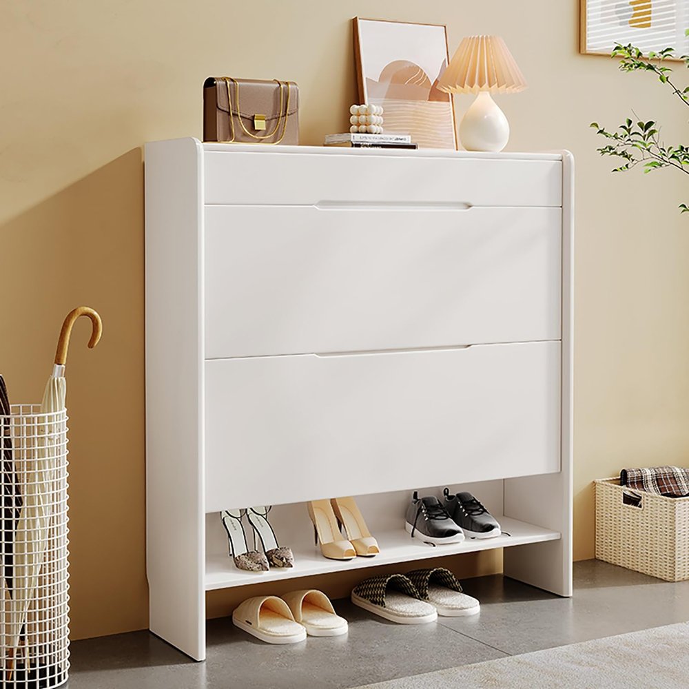 Modern Slim Wooden Shoe Cabinet with Drawer and Hidden Tilt-Out Organizer