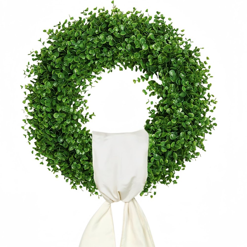 20-Inch Boxwood Wreath with Ivory Sash for Front Door
