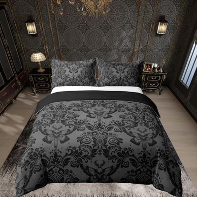Homemissing Gothic Black Damask Skull Duvet Cover Set, 200 x 200 cm