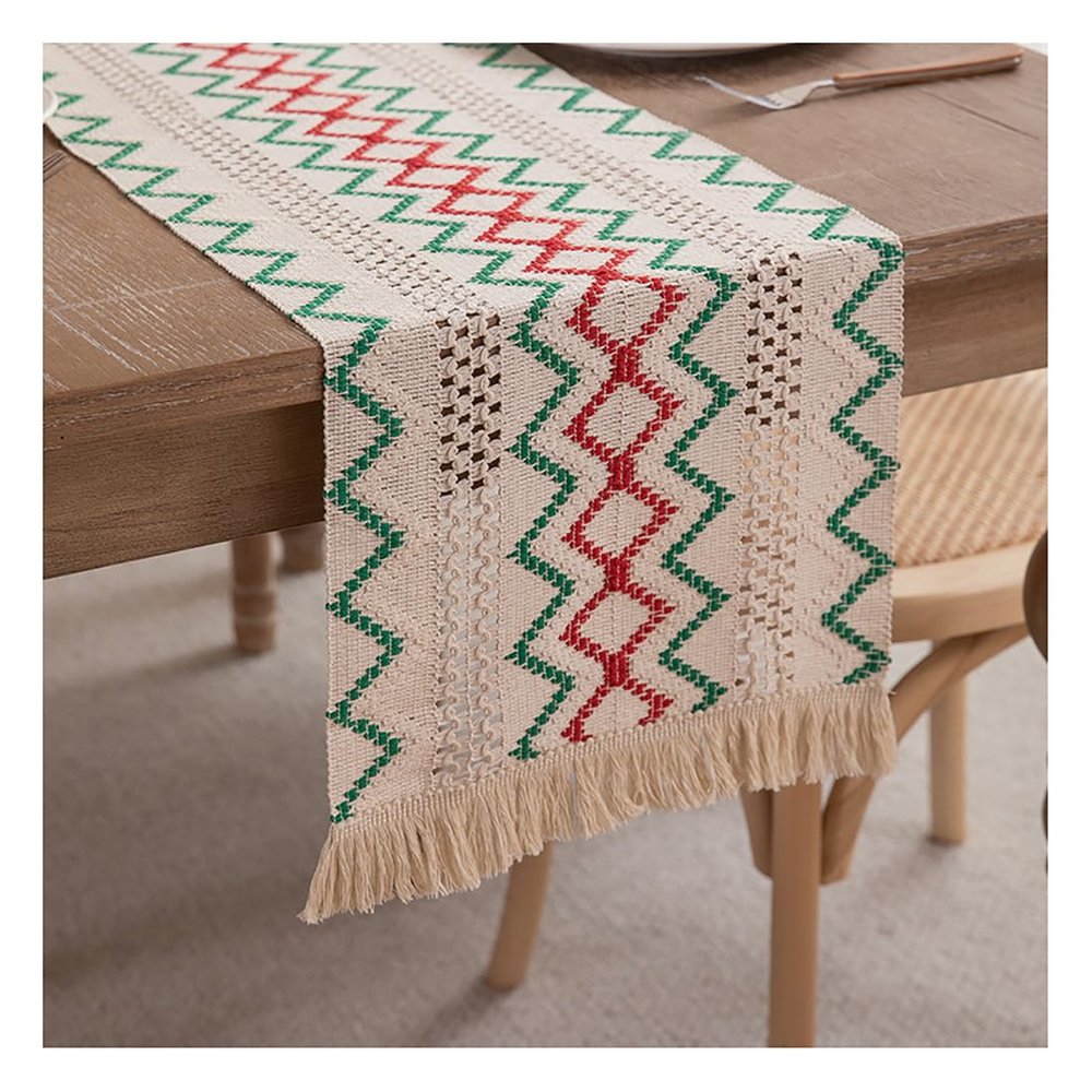 Farmhouse-Style Cotton-Linen Table Runner with Fringe, 30 x 240 cm