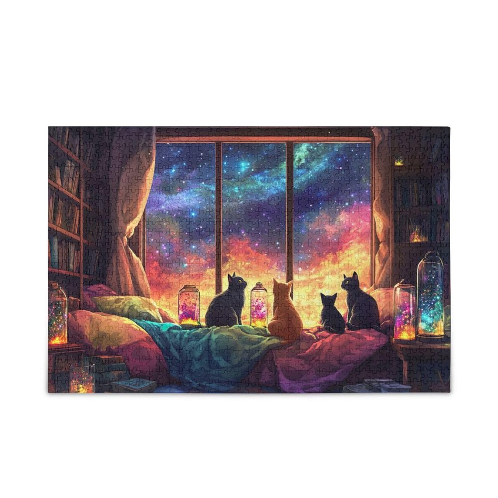 Galaxy Cats Window Puzzle Game, Home Wall Artwork, Fun Family Activity, Finished Size 74.9 cm x 50.0 cm